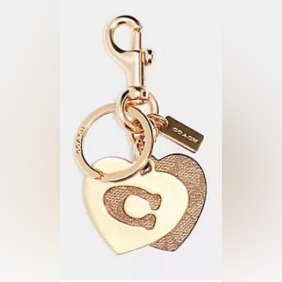 NEW-Coach Signature Hearts Key Ring Bag Charm Purse Keychain Gold / Khaki 91478 - Picture 1 of 5
